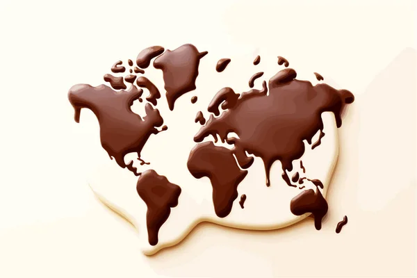 用这个融化的巧克力平面矢量来庆祝世界巧克力日 展示了一张以开胃巧克力蛋糕配色绘制的二维世界地图 它的风格是有点超现实的数字水彩画 色彩平坦 — 图库矢量图片