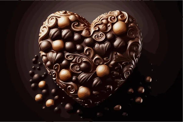 用这个以心形巧克力为特色的巧克力载体庆祝世界巧克力日 用巧克力粉和 酱汁点缀 以略为超现实的数字水彩画风格呈现 色彩扁平 — 图库矢量图片