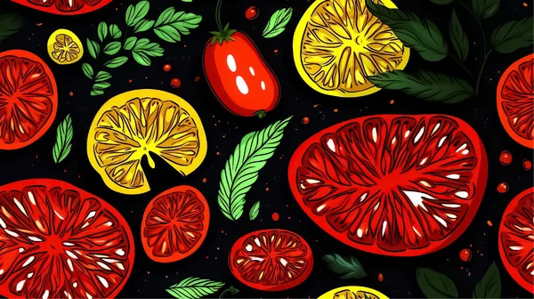 トマトをフィーチャーしたヴィンテージスタイルの素材ベクトルタイル ユニークで素朴な背景を作るのに最適です — ストックベクタ