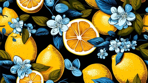 レモンと花を特徴とするヴィンテージ素材ベクトルタイル 手描きの感じはレトロなタッチを提供しています ユニークで刺激的な背景に最適です — ストックベクタ