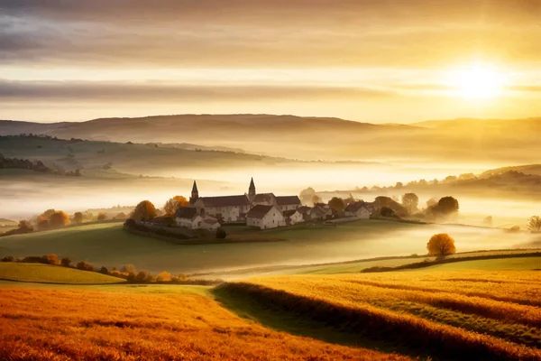 Heitere Herbstliche Europäische Landschaft Mit Hügeln Bäumen Feldern Und Einem — Stockvektor
