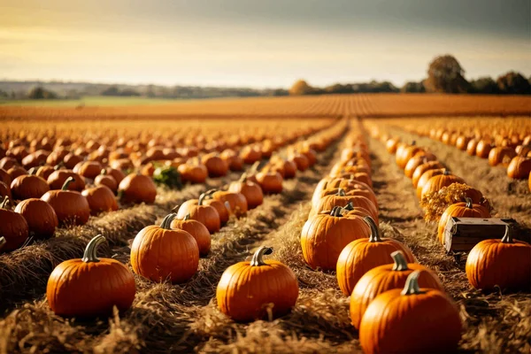 Lovely Autumnal Unpicked Pumpkin Patch Ready Halloween — Stock Vector