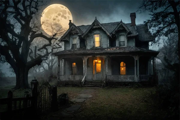 Хеллоуїн Графіка Моторошний Привидів Дерелітний Будинок Вночі Повним Місяцем — стоковий вектор