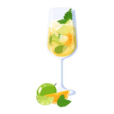 Hugo limonlu, portakal dilimli ve naneli kokteyl. Beyaz arka planda izole edilmiş bir vektör. Yaz Alkolü İtalyan aperatifini likör, Prosecco, buz küpleri ve soda ile içer.