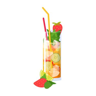 Pimm 'in salatalık dilimi, çilek, nane ve buz karışımı beyaz arka planda izole edilmiş. Turunçgil, salatalık, bira, likör ve cin bazlı yaz alkollü içecek. Vektör illüstrasyonu