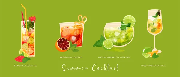 Set Four Summer Cocktails Drinks Collection Vector Illustration Refreshing Beverage — Stock Vector