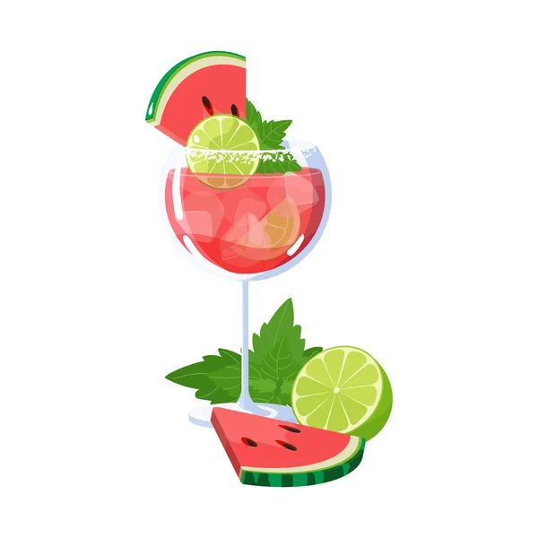 Watermelon Paloma Cocktail Med Lime Och Mynta Vektor Isolerad Vit — Stock vektor