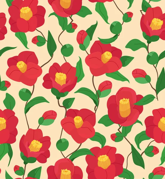 Czerwone Camellia Kwiaty Liści Bezszwowy Wzór Wektora Beżowym Tle Kwiatowa — Wektor stockowy