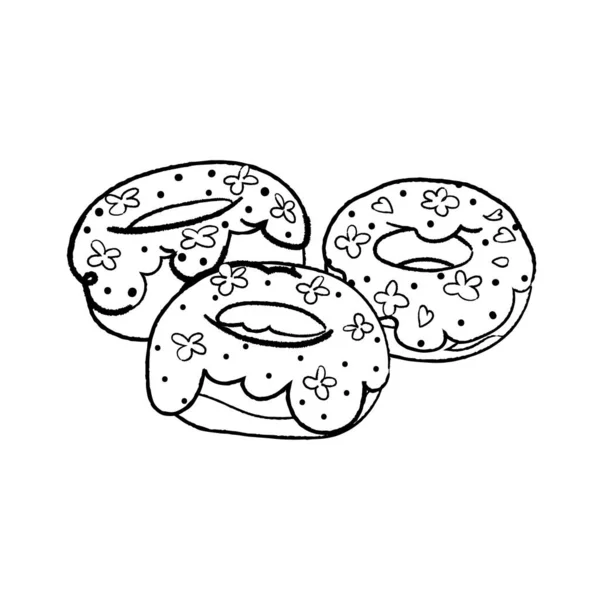 带有糖霜轮廓矢量的甜甜圈 被白色背景隔离 涂鸦黑线甜点插图 包装材料 印刷品的设计 — 图库矢量图片