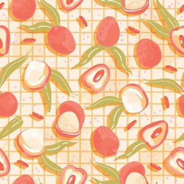 Kırmızı lychee litchi meyvesi ve yeşil yapraklar bej arka planda çizgileri olan pürüzsüz desenler. Mutfak, tekstil, duvar kâğıdı, kumaş, kağıt için renkli vegan besin vektörü çizimi