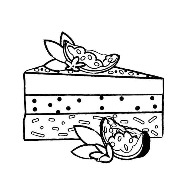 Cake Slice Met Passie Fruit Omtrek Vector Illustratie Tropische Mousse — Stockvector