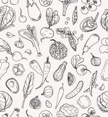 Sonbahar sebzeleriyle kusursuz desen. Doğrusal siyah ve karalama çizimi. Balkabağı, yaprak, domates, patlıcan, pancar, havuç, soğan ve turp. Duvar kağıdı, ambalaj, tekstil için sonbahar hasat düz illüstrasyon