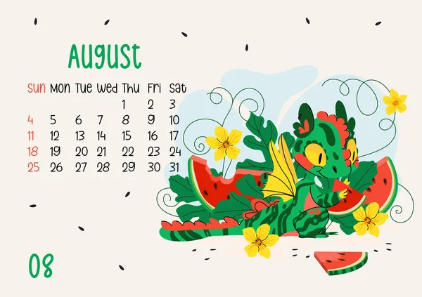 Pozioma Strona Kalendarza Sierpień 2024 Arbuzem Zielony Smok Odizolowana Beżowym — Wektor stockowy