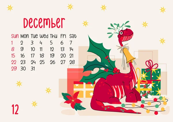 Page Calendrier Horizontal Pour Décembre 2024 Avec Dragon Gui Noël — Image vectorielle