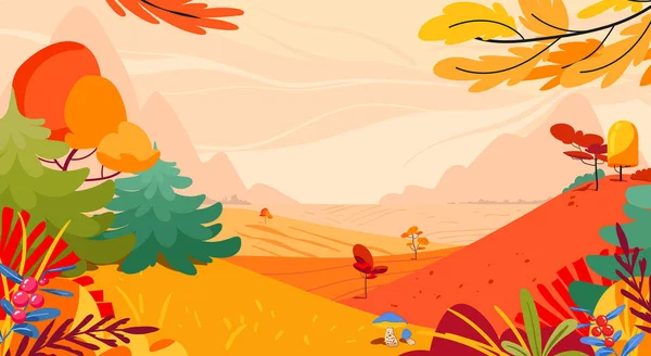 Autumn landscape with trees, mountains, fields, leaves. Countryside landscape. Autumn background. Vector flat style illustration
