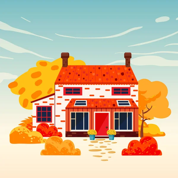 Векторный Осенний Дом Уютная Осенняя Иллюстрация Пейзажа — стоковый вектор