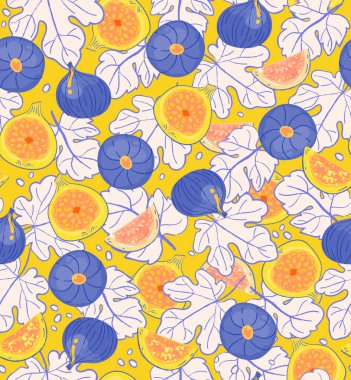 Sarı arka planda incir meyveleri ve yapraklar kusursuz vektör deseni. Markalaşma, paket, kumaş ve tekstil için tropik egzotik çizgi çizimi, menü kapağı, ambalaj kağıdı