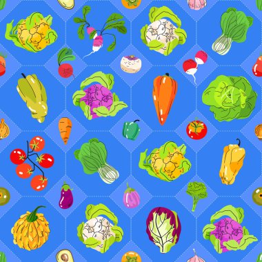 Mavi arkaplandaki bitkisel vektör desenlerini toplayın. Çiftçi pazarı, menüsü, mutfak tekstili, duvar kağıdı için sonbahar vejetaryen gıda çizimi