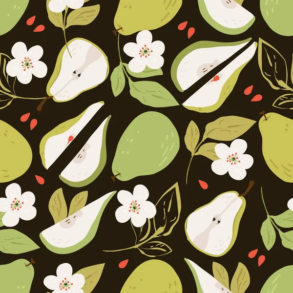Green Pear Seamless Vector Pattern Pears Flowers Leaves Black Ground — Stock Vector