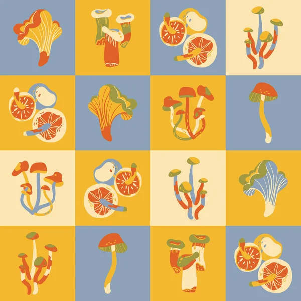 Azulejos Setas Fondo Azul Amarillo Vector Ilustración Hongos Alimentarios Dibujados — Vector de stock