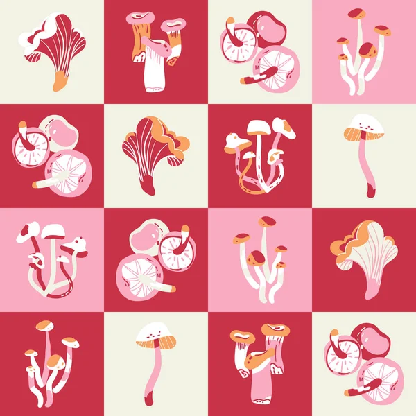 Грибная Плитка Розовый Фон Векторная Иллюстрация Пищевых Грибов Поздравительной Открытки — стоковый вектор