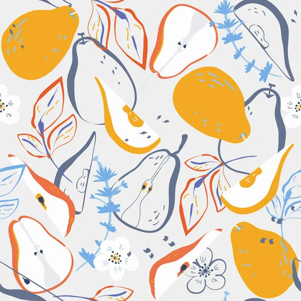 Renkli armut meyveleri ve kırmızı çizgili dikişsiz desen bırakıyor. Yaz el, tebrik kartı, kumaş, mutfak tekstili, duvar kağıdı veya ambalaj kağıdı için gri arkaplan üzerine sulu vektör çizimi