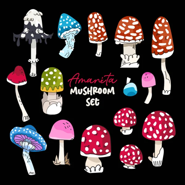 Conjunto Cogumelos Bonito Vetor Amanita Fungo Coleção Colorida Ilustração Doodle — Vetor de Stock