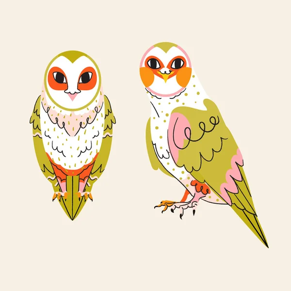 Set Caratteri Civetta Vettoriale Graziosa Foresta Uccello Piatto Illustrazione Isolato — Vettoriale Stock