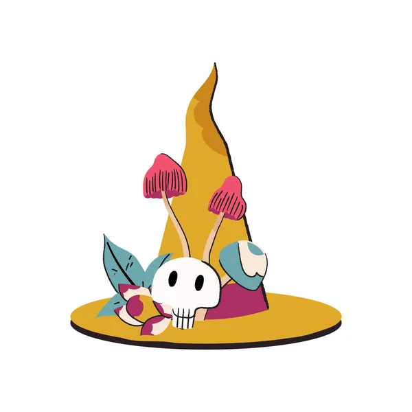 幻想的なキノコ 頭蓋骨と種子を持つ円錐形の王冠とリボンを持つ魔女の帽子 ハロウィンマジックベクトルフラットイラスト白を背景に隔離 — ストックベクタ