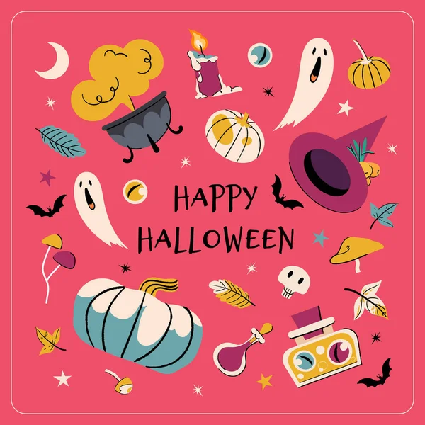 Happy Halloween Vector Greeting Card Cute Cartoon Illustration Cauldron Potion — Stock Vector