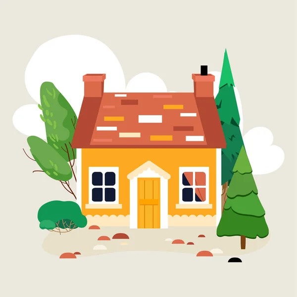 Nettes Kleines Landhaus Mit Tür Und Fenster Außenseite Der Flachen — Stockvektor