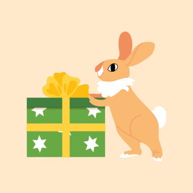 Bayram ya da Noel için hediye kutusu olan şirin bir tavşan. Vektör çizgi film biçimi düz illüstrasyon