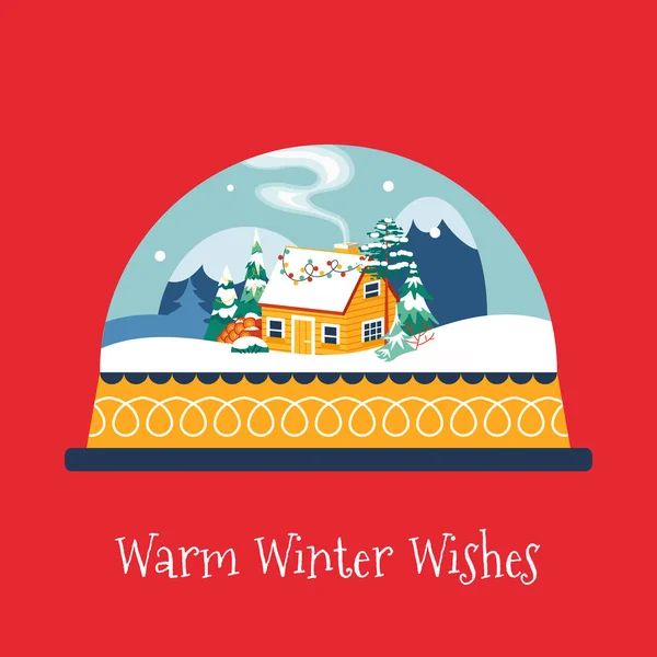 Boule Neige Noël Avec Maison Colline Neige Sapins Noël Intérieur — Image vectorielle