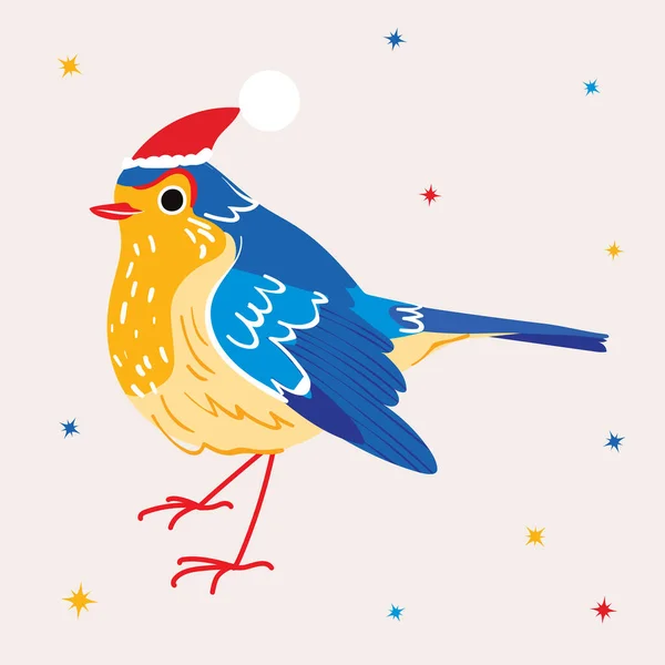 Lindo Pájaro Invierno Navidad Sombrero Vacaciones Carácter Animal Festivo Vector — Vector de stock