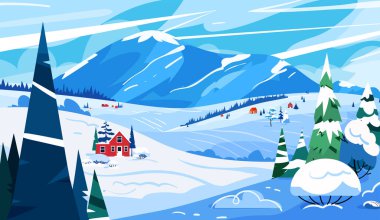 Kırmızı kulübe vektörlü kış ormanı manzarası. Dağ karlı arka plan. Noel mevsimi çizimi