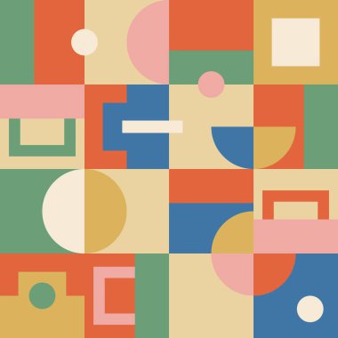 Bauhaus geometrik desen pembe arka plan. Vektör soyut çember, kare çizgiler kumaş, duvar kağıdı, ambalaj, kapak, ambalaj kağıdı için modaya uygun düz tasarım