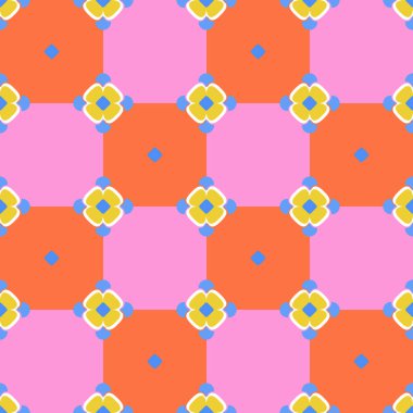 Geometrik çiçek deseni. Kusursuz vektör arkaplanı. Kumaş, duvar kağıdı, ambalaj, kapak, ambalaj kağıdı için sarı, pembe ve turuncu süs