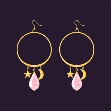 Pembe inci, altın yıldız ve ay şeklinde yuvarlak altın küpeler. Vektör Düz Biçim illüstrasyonu. Siyah arka planda izole edilmiş. Pahalı Kadın Aksesuarları Mücevherleri