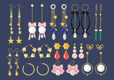 Altın küpeler mücevher vektörü ayarlandı. Altın elmas inci topaz değerli taşlar kolye yay aksesuar vektör illüstrasyonlu. Damızlık halka damla sallanıyor küpeler