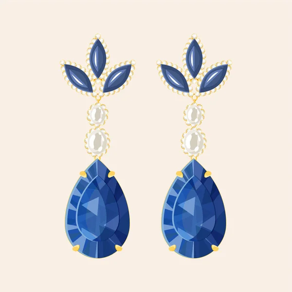 蓝色钻石耳环和珍珠耳环向量对对 基于米色背景的金珠宝现代平面插图 — 图库矢量图片