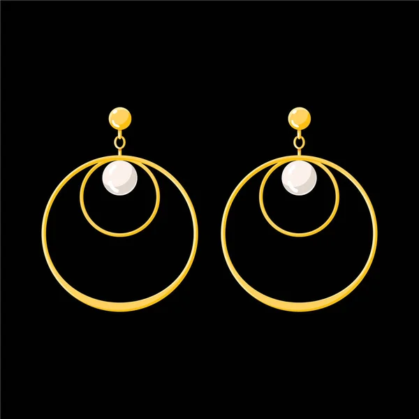 圆形金耳环与珍珠向量平面样式的插图 被黑色背景隔离 时尚昂贵的女配饰珠宝 — 图库矢量图片