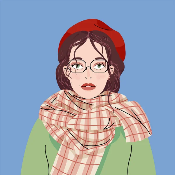 Junge Frau Mit Brille Roter Baskenmütze Schal Und Wintermantel Outfit — Stockvektor