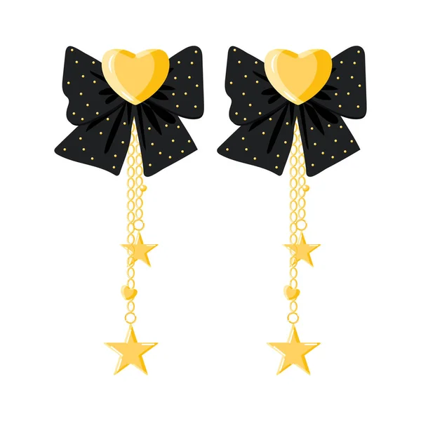 Gold Dangle Chain Long Earring Golden Heart Star Black Bow — Stock Vector