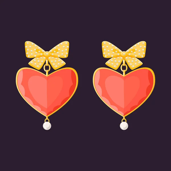 Золота Сережка Червоним Серцем Формі Діамантової Перлини Золотим Бантом Жінка — стоковий вектор