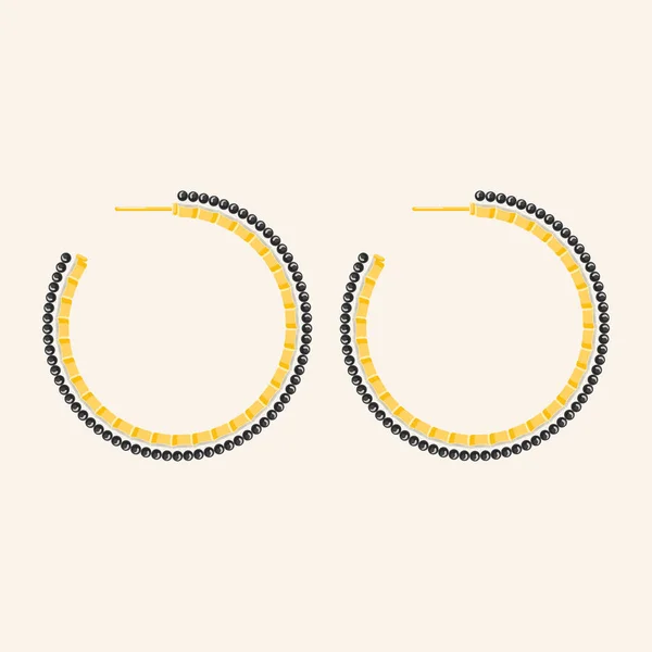 Boucles Oreilles Rondes Cerceau Doré Avec Perle Noire Diamant Isolé — Image vectorielle