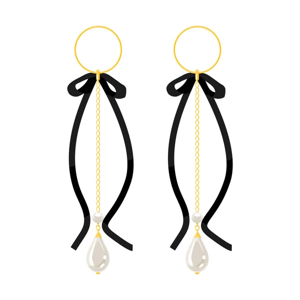 长长的金耳环与珍珠和黑色蝴蝶结隔离在黑暗的背景 现代潮流女性配饰珠宝矢量图解 — 图库矢量图片