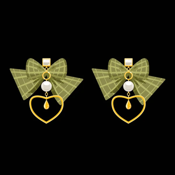 金耳环上有珍珠 钻石和绿色蝴蝶结 金耳环宝石吊坠矢量图解孤立在黑色背景 漂亮时髦的配饰 — 图库矢量图片