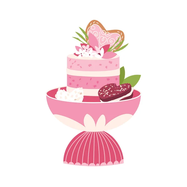 迷你蛋糕 装饰有心脏 饼干和装饰洒落在高高的盘子上 与白色背景隔离 为情人节 可爱的平面插图烘焙 — 图库矢量图片