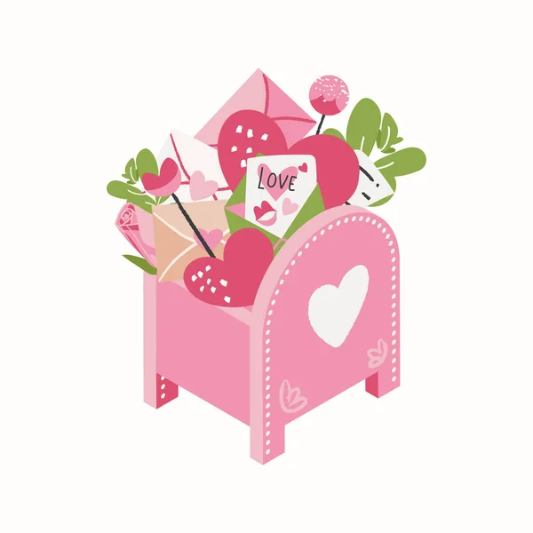 Любовное Письмо Розовый Почтовый Ящик Конвертом Сердце Розы Леденцы Изолированы — стоковый вектор