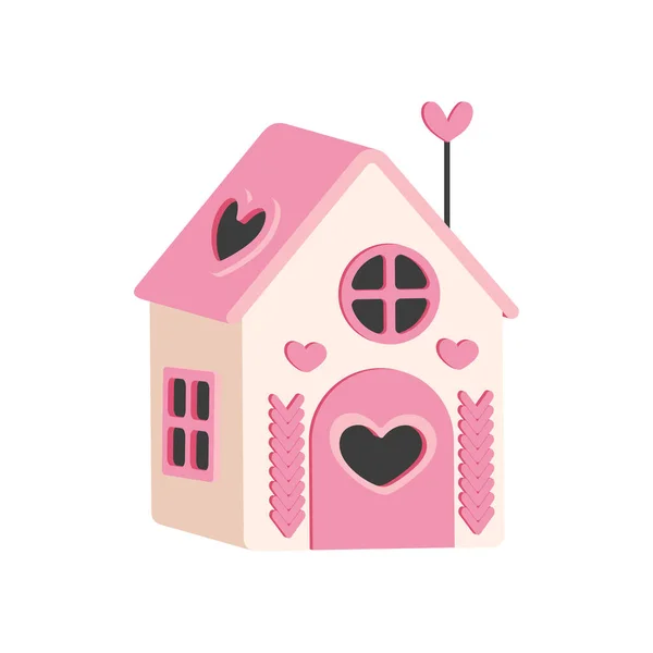 情人节快乐甜蜜的小房子 白色背景的隔离 粉红的烛台心地善良 情人卡 海报及其他精美舒适的平面插图 — 图库矢量图片